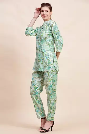 Sea green floral printed mandarin collar tunic & trousers