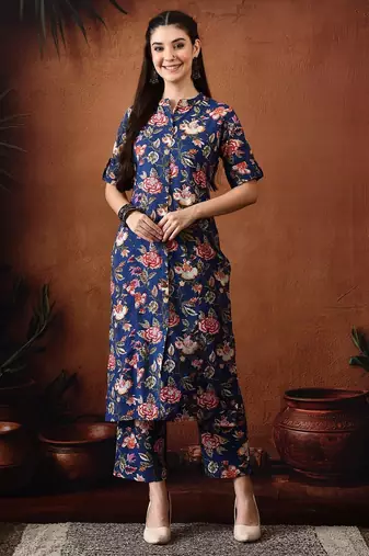 Blue printed cotton tunic with palazzo co ords