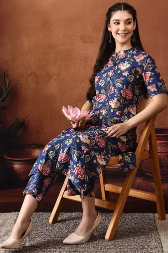Blue printed cotton tunic with palazzo co ords