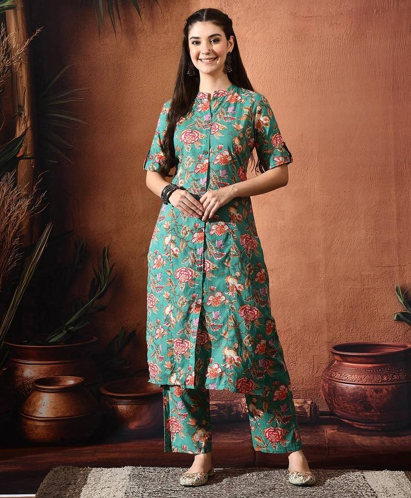 Floral printed mandarin collar tunic with palazzo set