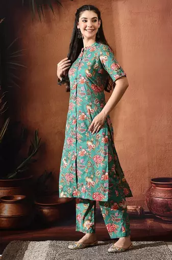Floral printed mandarin collar tunic with palazzo set