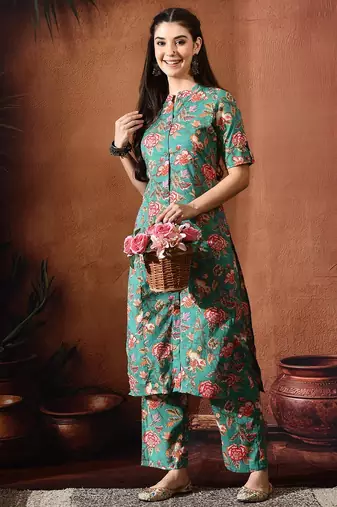 Floral printed mandarin collar tunic with palazzo set