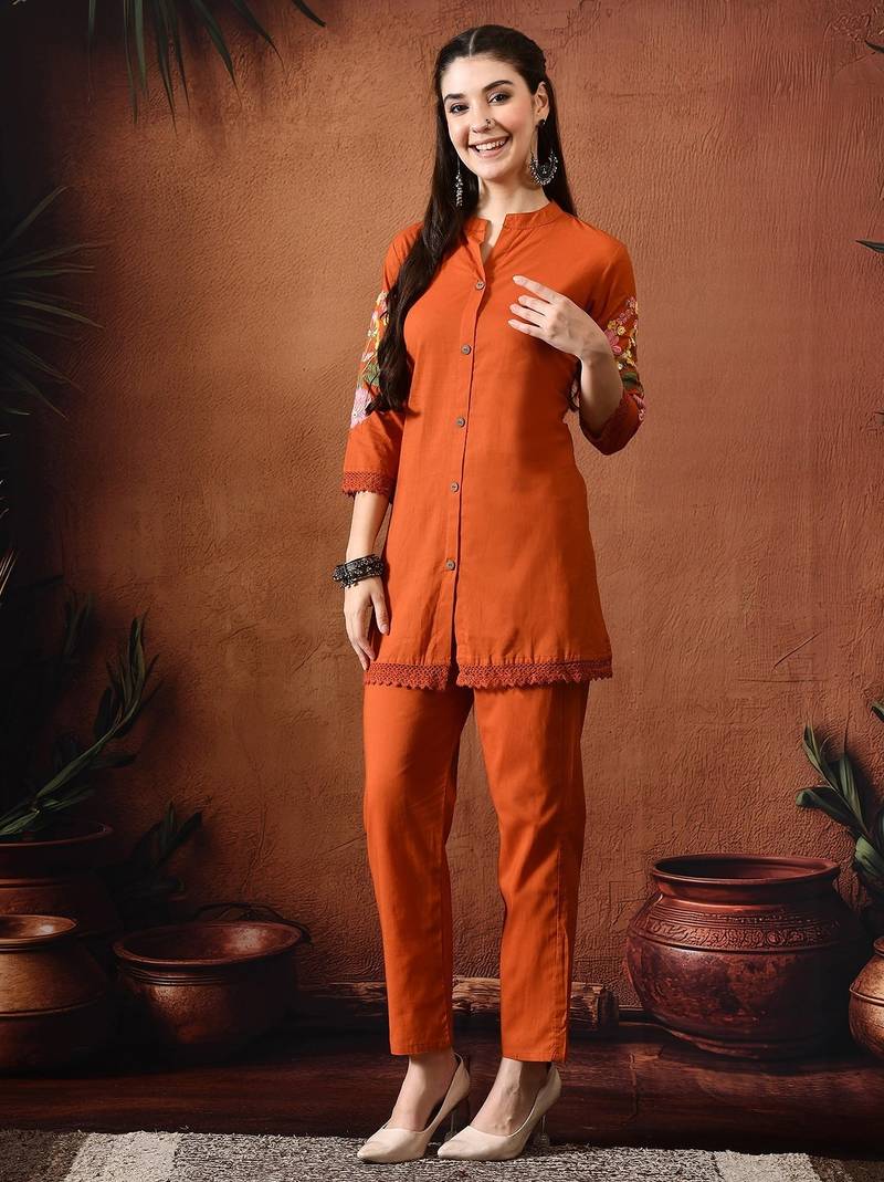 Embroidered tunic with trousers co ords
