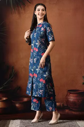 Blue printed cotton tunic with palazzo co ords