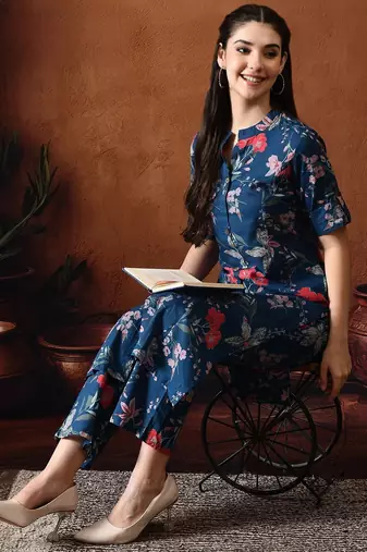 Blue printed cotton tunic with palazzo co ords