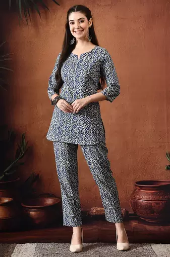 Blue printed cotton tunic with trousers co ords