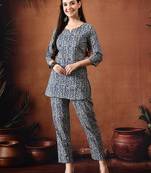 Blue printed cotton tunic with trousers co ords