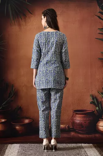 Blue printed cotton tunic with trousers co ords