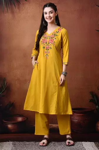 Floral embroidery pure cotton tunic with trousers
