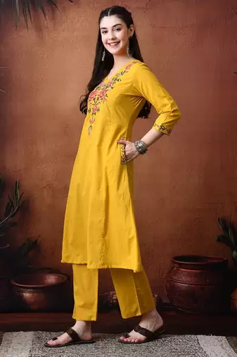 Floral embroidery pure cotton tunic with trousers