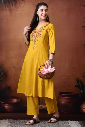 Floral embroidery pure cotton tunic with trousers