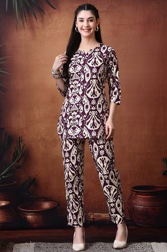 Printed round neck pure cotton tunic with trousers