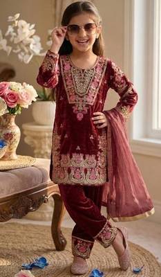 Trendy kids wedding wear heavy embroidery coding sequence work kurta set 2