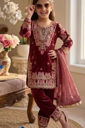 Trendy kids wedding wear heavy embroidery coding sequence work kurta set