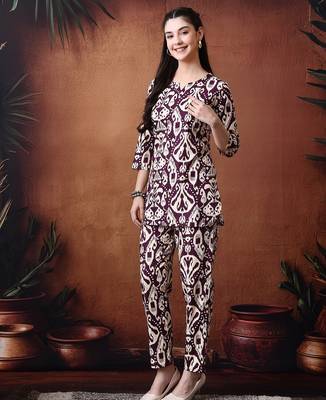 Printed round neck pure cotton tunic with trousers 2