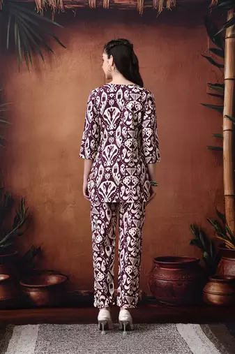 Printed round neck pure cotton tunic with trousers