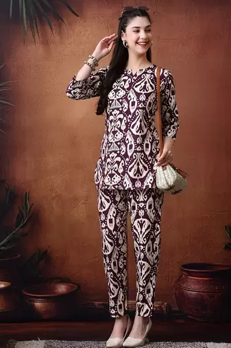 Printed round neck pure cotton tunic with trousers