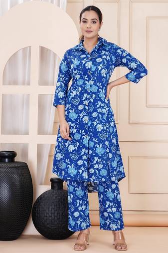 Blue floral printed shirt collar tunic & trousers