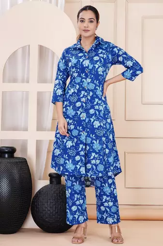 Blue floral printed shirt collar tunic & trousers