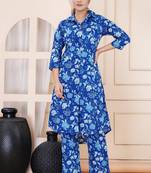 Blue floral printed shirt collar tunic & trousers