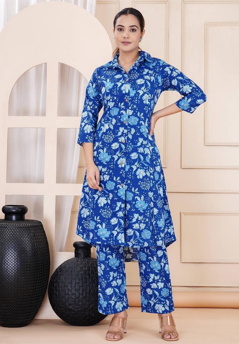 Blue floral printed shirt collar tunic & trousers