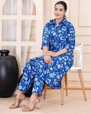 Blue floral printed shirt collar tunic & trousers 2
