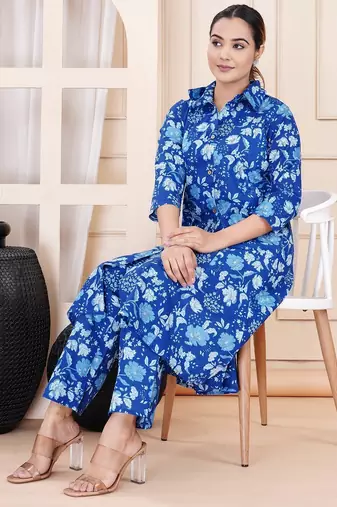 Blue floral printed shirt collar tunic & trousers