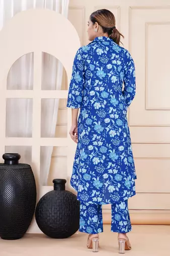 Blue floral printed shirt collar tunic & trousers
