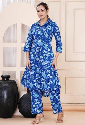 Blue floral printed shirt collar tunic & trousers 4