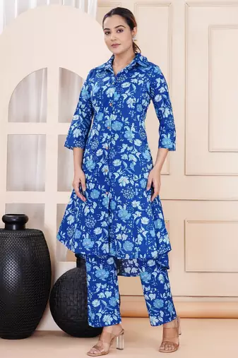 Blue floral printed shirt collar tunic & trousers