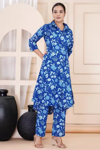 Blue floral printed shirt collar tunic & trousers