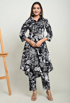 Floral printed shirt collar tunic with trousers 1