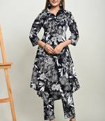Floral printed shirt collar tunic with trousers