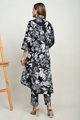 Floral printed shirt collar tunic with trousers 2