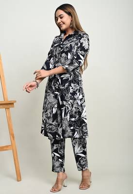 Floral printed shirt collar tunic with trousers 3