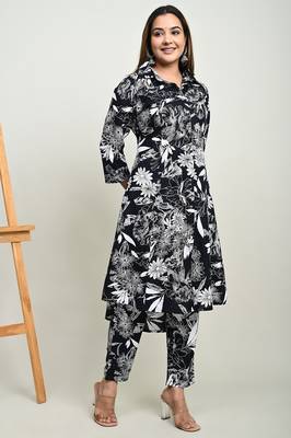 Floral printed shirt collar tunic with trousers 4