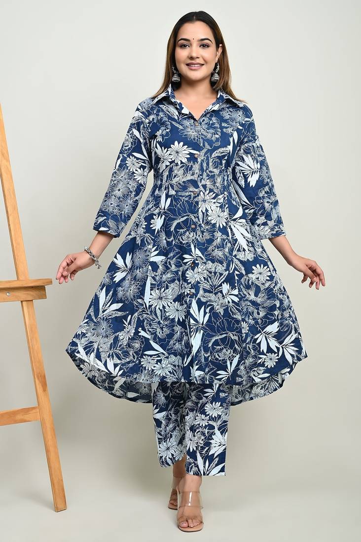 Floral printed shirt collar tunic & trousers set