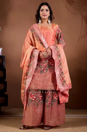 Embroidery Sequence Work Kurti Sharara Set With Dupatta