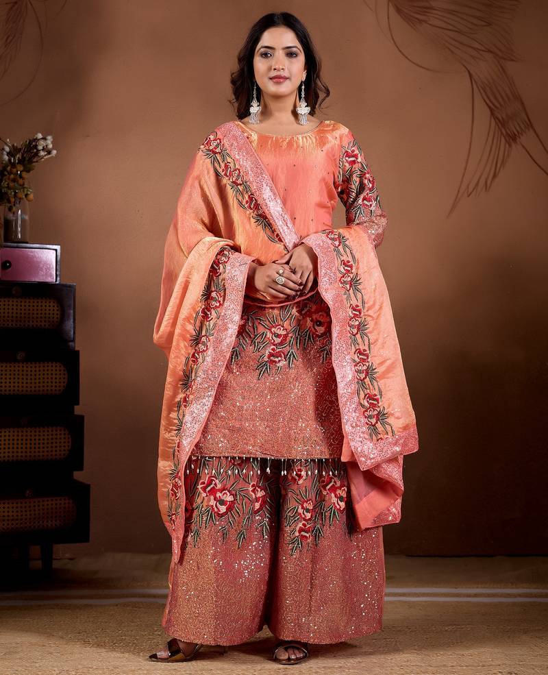 Embroidery Sequence Work Kurti Sharara Set With Dupatta
