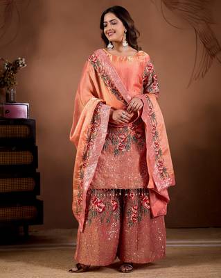 Embroidery Sequence Work Kurti Sharara Set With Dupatta 3
