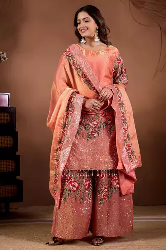 Embroidery Sequence Work Kurti Sharara Set With Dupatta