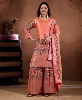 Embroidery Sequence Work Kurti Sharara Set With Dupatta 4