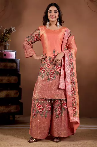 Embroidery Sequence Work Kurti Sharara Set With Dupatta
