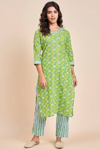 Green v neck tunic with striped palazzo co ords
