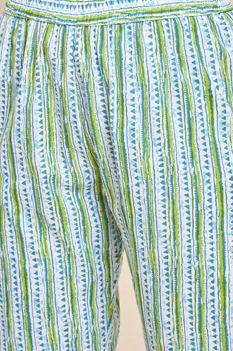 Green v neck tunic with striped palazzo co ords