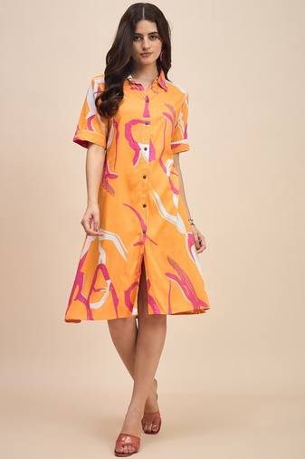 Printed shirt collar a line dress