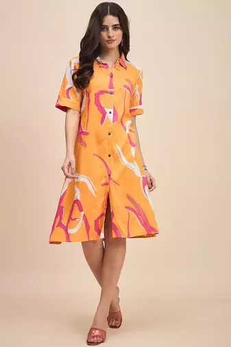 Printed shirt collar a line dress