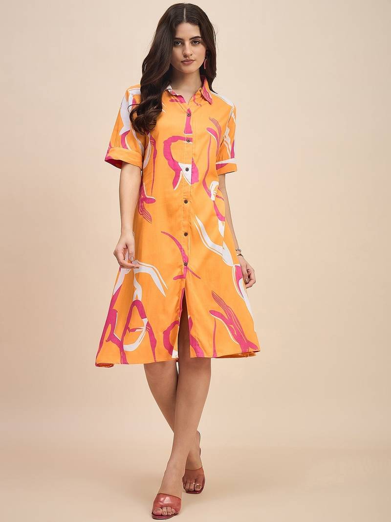 Printed shirt collar a line dress