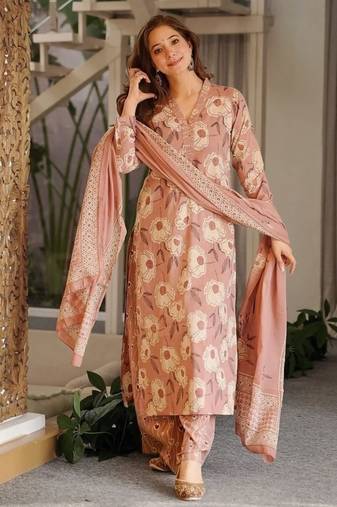 Stylish cambric cotton kurti set with dupatta & bottom          heavy printed casual outfit