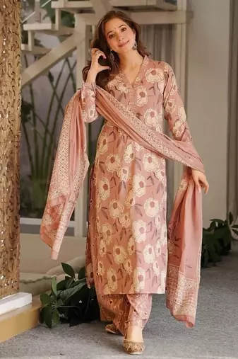 Stylish cambric cotton kurti set with dupatta & bottom – heavy printed casual outfit